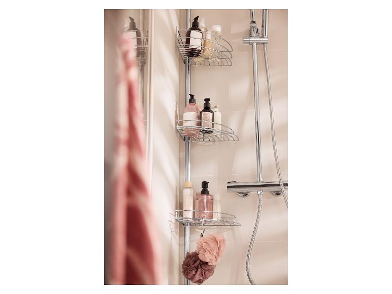 Étagère de douche télescopique LIVARNO home avec trois paniers dans la douche.