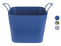 Un panier de rangement en plastique bleu avec des poignées.