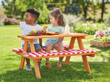 LIVARNO home Table de pique-nique et bancs en bois pour enfants, coussins inclus
