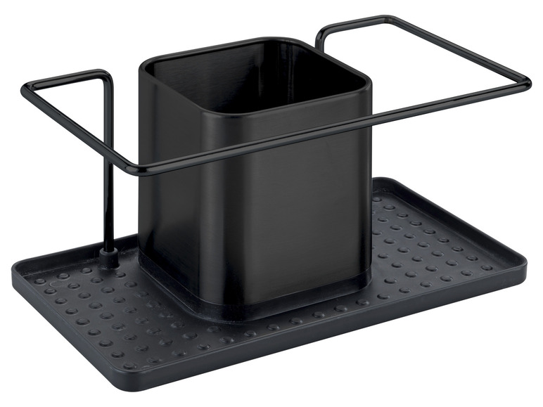 Un porte-éponge et évier noir avec un plateau d'égouttage.