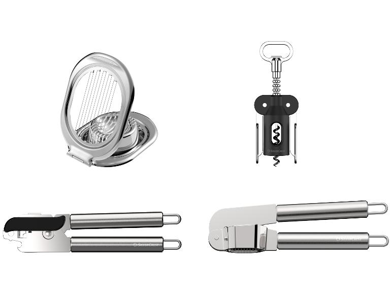 Un ensemble d'ustensiles de cuisine comprenant un coupe-œufs, un tire-bouchon, un ouvre-boîtes et un presse-ail.