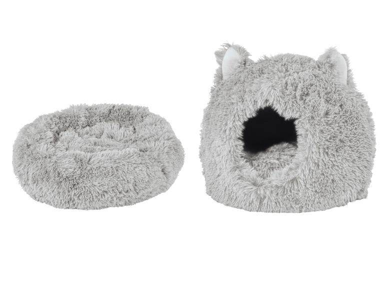 Lit gris et moelleux pour animaux de compagnie et niche pour animaux de compagnie avec oreilles.