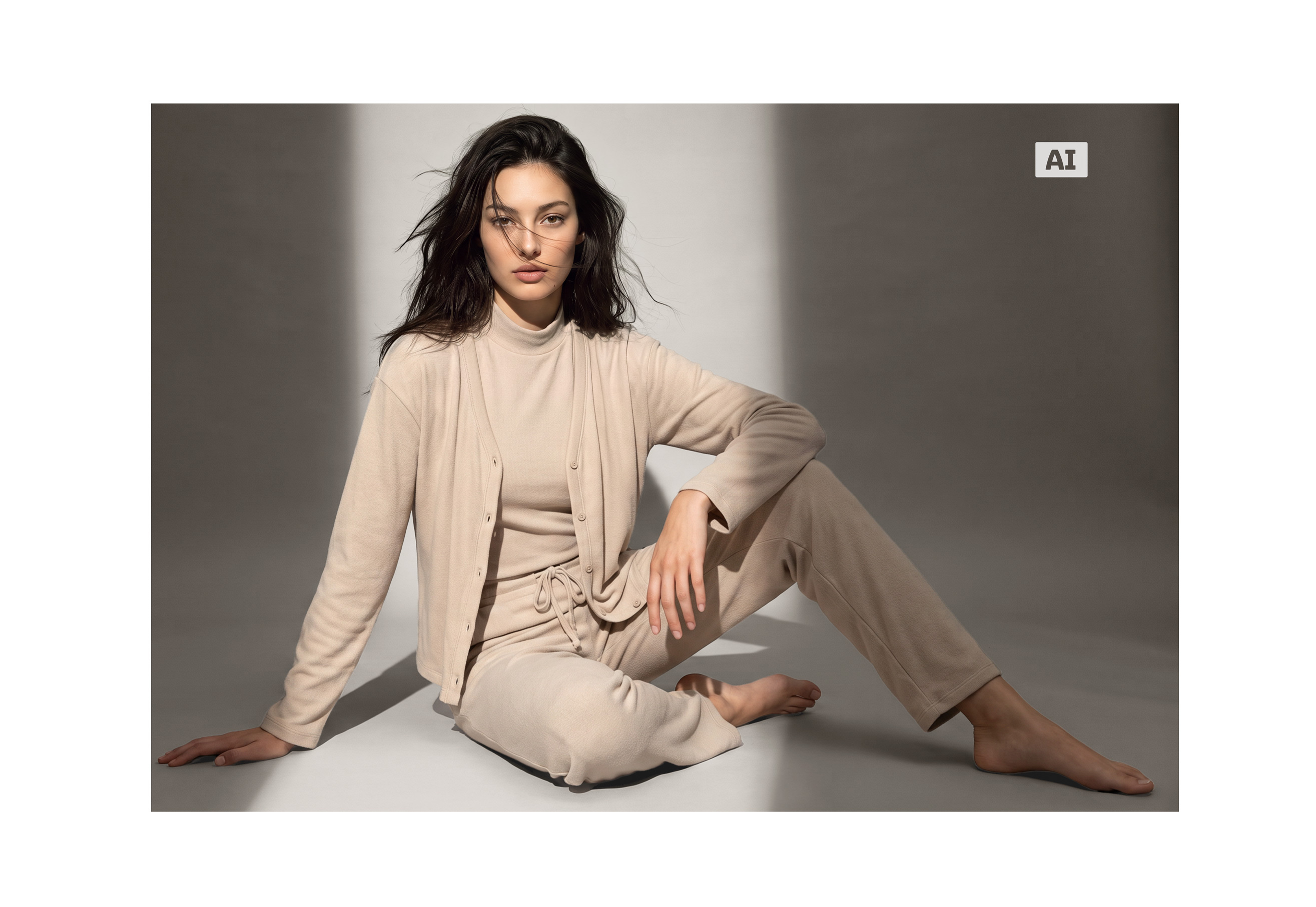 Cette image a été générée par IA : Un mannequin féminin porte l'ensemble 3 pièces de couleur beige.