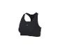 Soutien-gorge de sport noir avec un logo gris sur le devant.