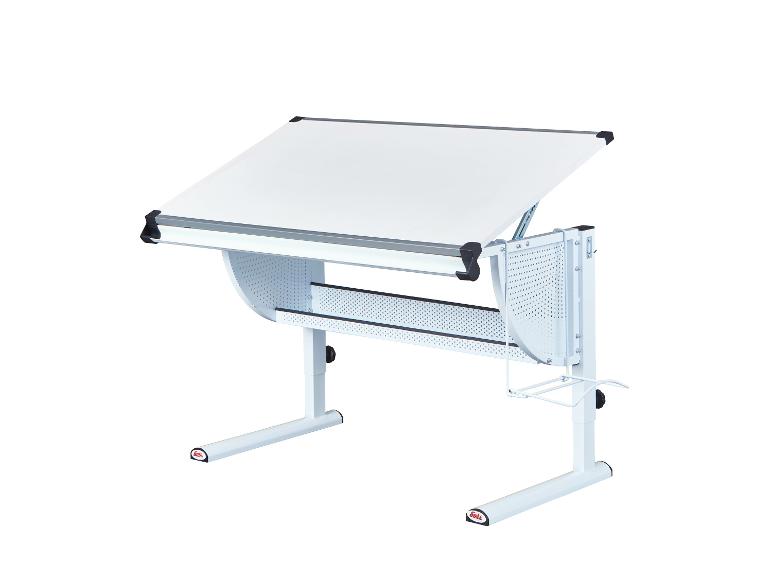 Un bureau blanc avec un plateau rabattable et un cadre métallique de la marque Link's.
