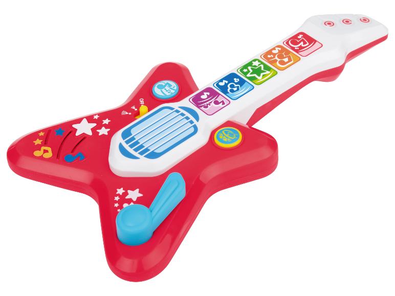 Guitare jouet rouge pour enfants avec boutons colorés et manche blanc.