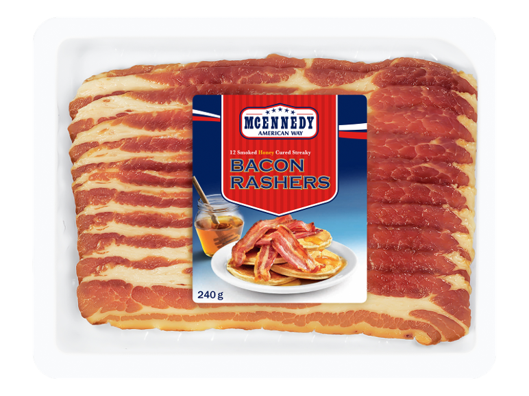 Paquet de lanières de bacon avec une étiquette montrant du bacon et des crêpes.