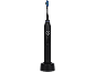 Brosse à dents électrique noire avec poils bleus, blancs et verts sur une base de chargement.