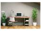 Bureau à domicile moderne avec bureau en bois, chaise blanche, ordinateur portable et plantes en pot.
