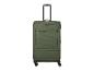 Valise en tissu vert à roulettes avec poignée télescopique et fermetures éclair.