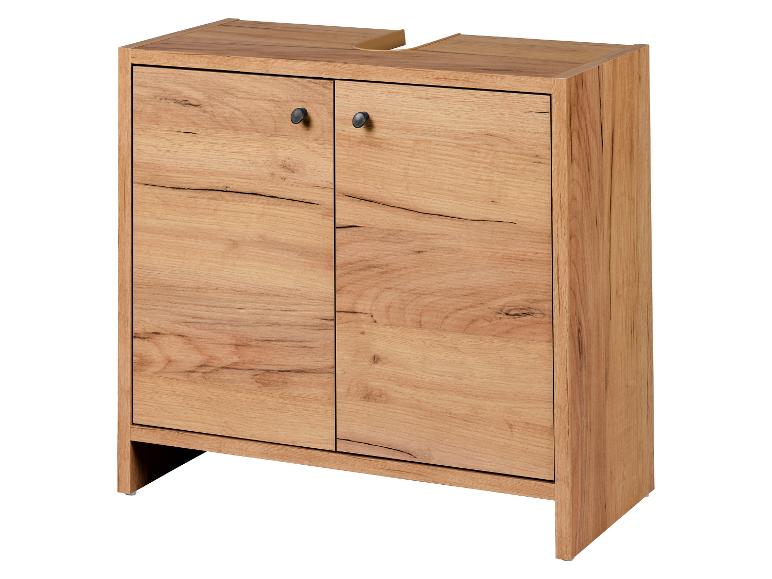 Meuble sous-vasque en bois de chêne avec deux portes et poignées noires.