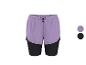 Shorts de sport 2 en 1 violets et noirs avec cordon de serrage.