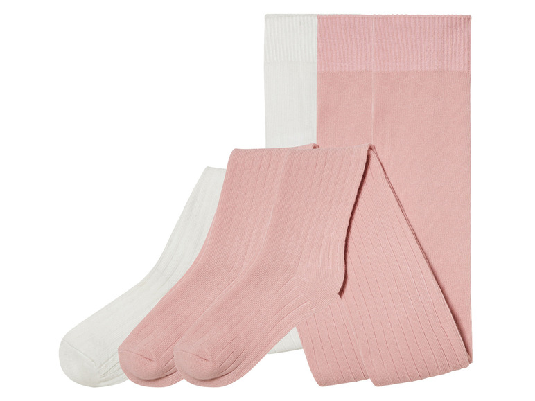 Chaussettes et collants côtelés, blancs et roses.