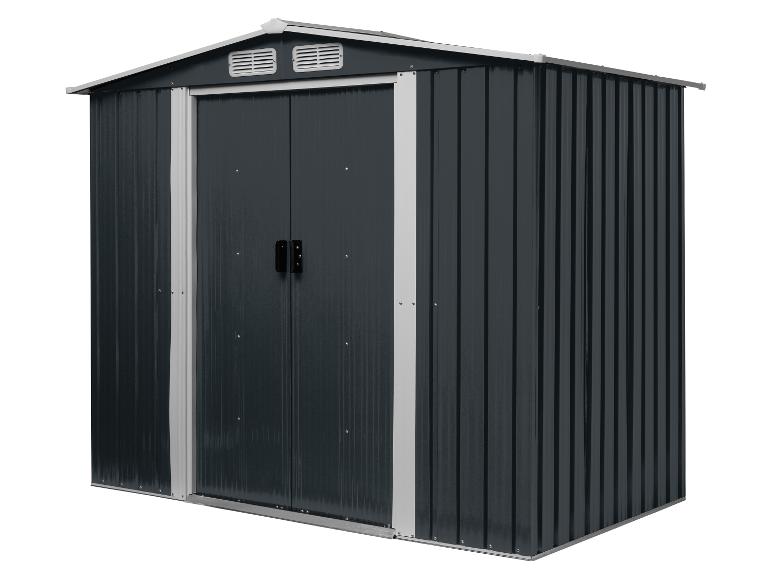 Abri de jardin en métal gris foncé avec portes doubles et aérations sur fond blanc.