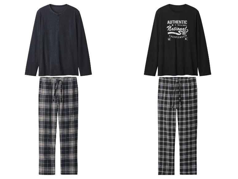 Deux ensembles de pyjamas pour hommes avec chemises à manches longues et pantalons à carreaux.