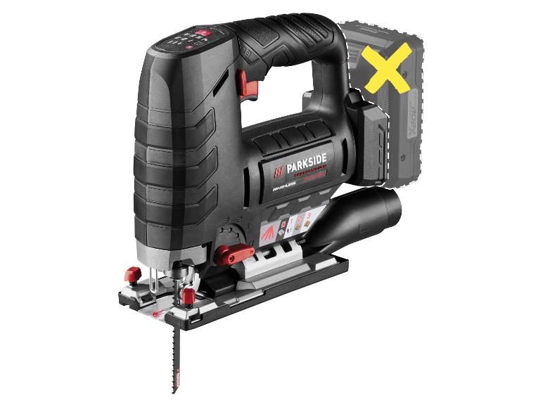 Scie sauteuse sans fil noire avec des accents rouges et une batterie amovible.