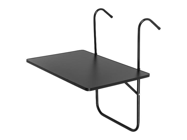 Table de balcon suspendue noire avec cadre métallique, isolée sur fond blanc.