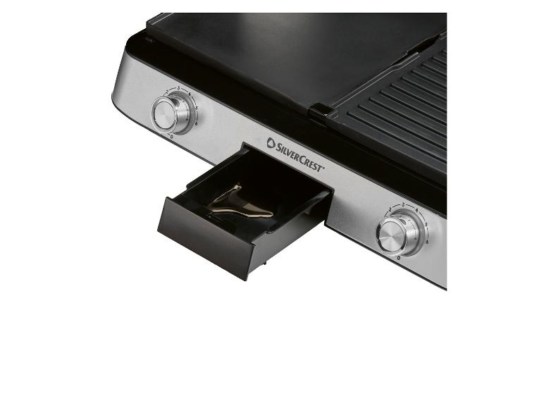 Grill électrique avec bac de récupération et commandes de température.