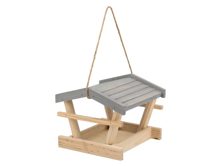 Mangeoire à oiseaux en bois avec toit gris et corde de suspension
