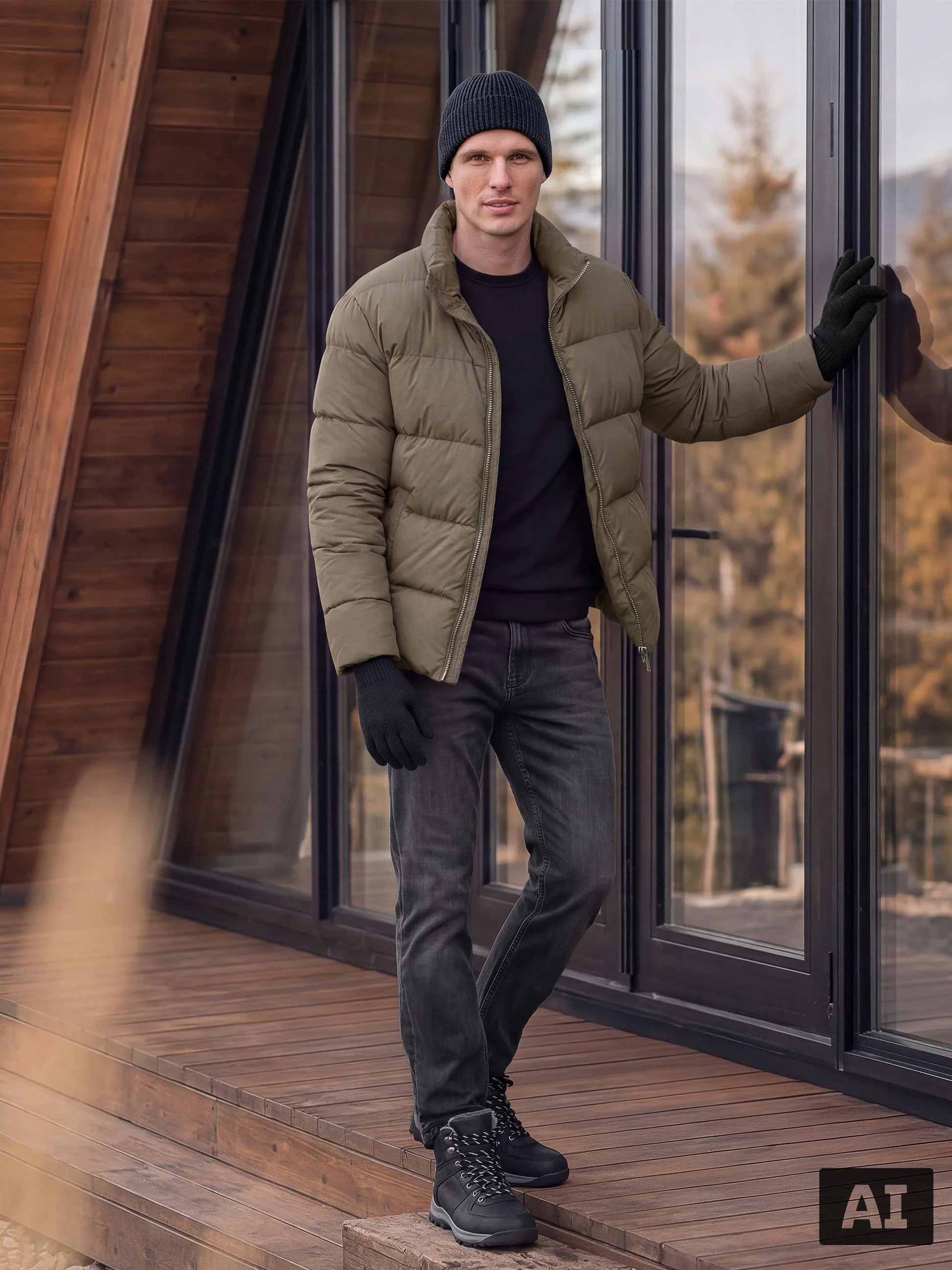 Homme en doudoune d'hiver, jean, bonnet et gants sur une terrasse en bois.