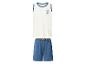 Débardeur blanc homme avec liseré bleu et short bleu avec ceinture logotée.