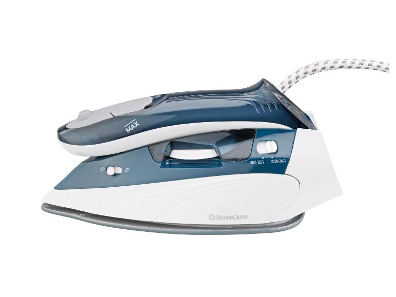 Fer de voyage bleu et blanc avec poignée pliable et sélecteur de tension