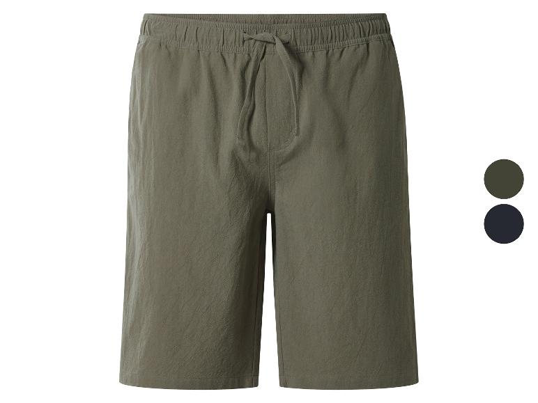 Short décontracté homme vert olive avec taille élastique à cordon, présenté avec options de couleur.