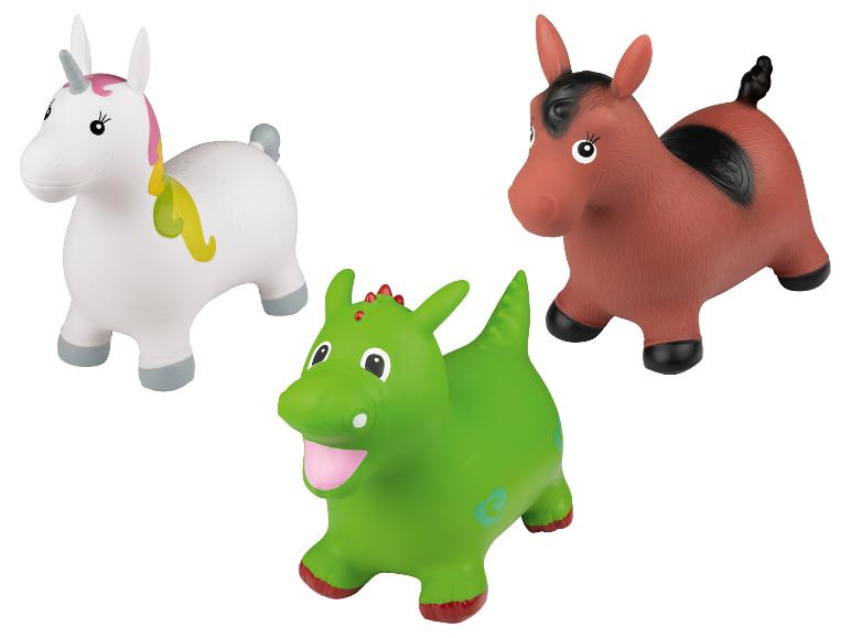 Trois jouets gonflables en forme d'animaux : licorne, cheval et dragon.