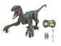 Un jouet de dinosaure Velociraptor vert contrôlé à distance avec une télécommande sans fil, deux piles et un câble de recharge.