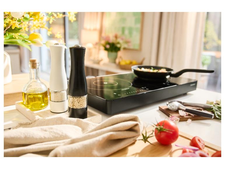 Cuisinière à induction portable avec poêle, huile d'olive, moulins à sel et à poivre.