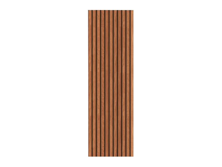 Panneau mural vertical en lattes de bois marron sur fond blanc