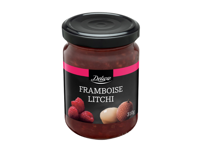 Confiture de framboise et litchi dans un pot en verre, 310g.