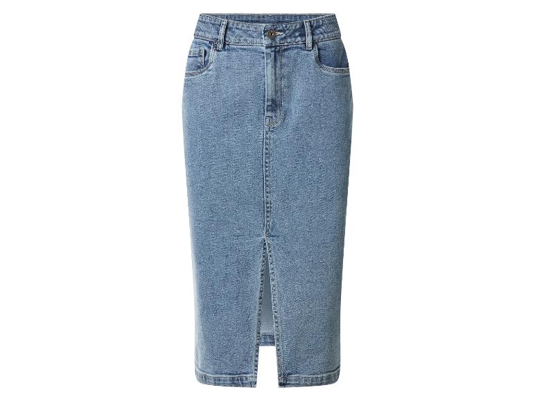 Jupe longue en jean bleu clair avec fente avant.