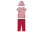 Un t-shirt rose à imprimé fruits, un legging rouge et un chapeau rose.