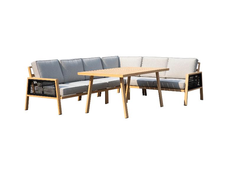 Ensemble de mobilier de jardin avec canapé d'angle et table en bois.