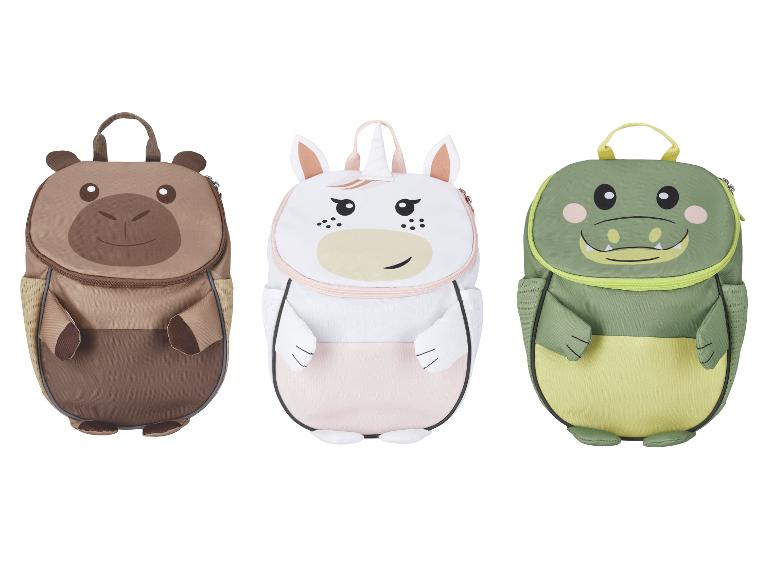 Trois sacs à dos pour enfants avec des motifs d'animaux : un ours brun, une licorne blanche et un crocodile vert.