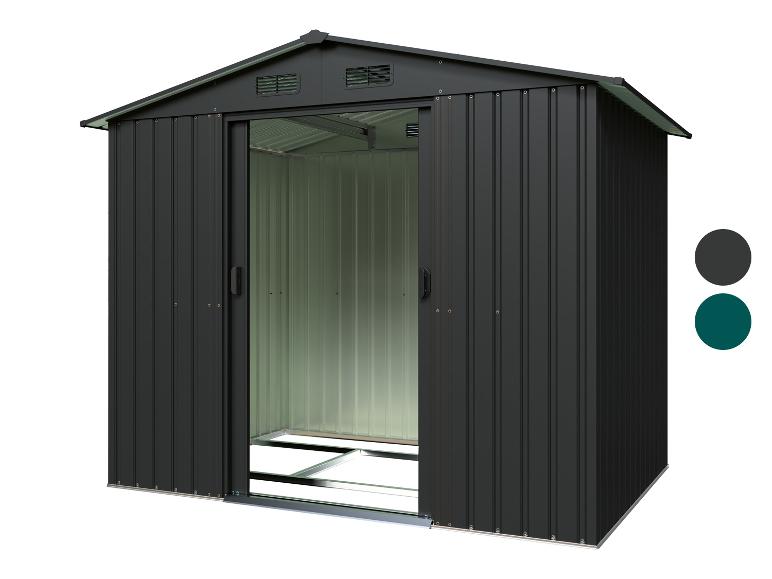 Abri de jardin métallique gris foncé avec portes coulissantes ouvertes et intérieur vert.