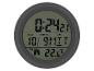 Horloge numérique ronde affichant l'heure, la date et la température.