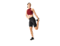 Femme en soutien-gorge de sport rouge et short de sport noir en train de s'étirer.