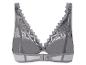 Un soutien-gorge gris avec de la dentelle et un motif géométrique.