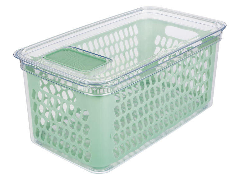 Une boîte de rangement en plastique verte avec un couvercle transparent.