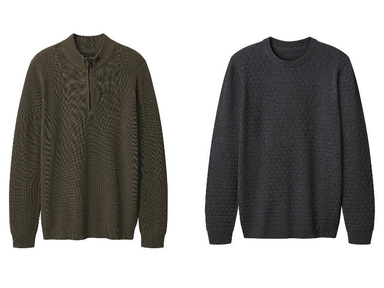 Deux pulls pour hommes: un vert olive zippé et un gris foncé à col rond.