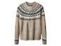 Pull beige avec motif Fair Isle dans les tons marron, blanc et noir.