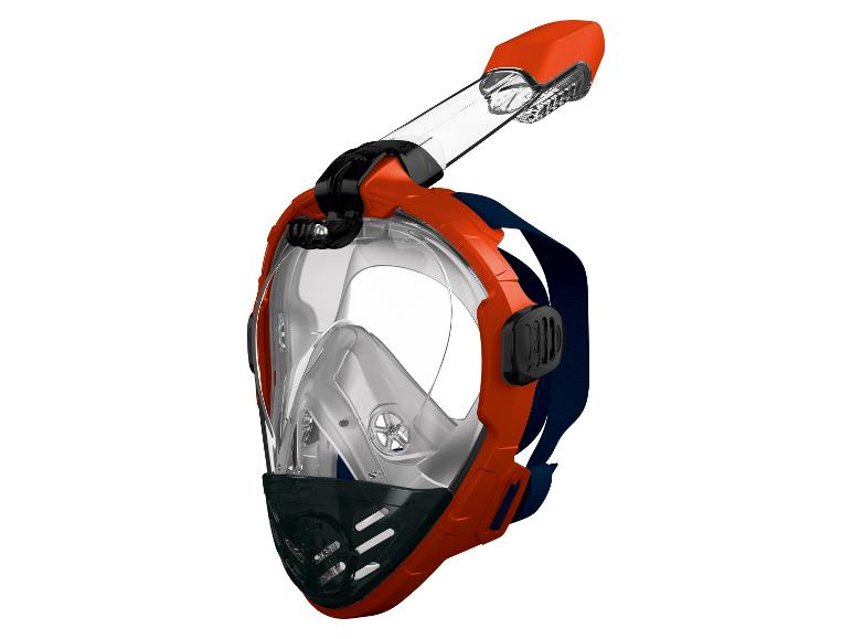 Masque de plongée orange avec tuba intégré et accents noirs.