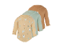 Trois bodys bébé à manches longues en beige à motifs, vert menthe et marron.