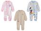 Trois grenouillères pour bébé : une rose rayée Minnie Mouse, une beige Winnie l'Ourson, une bleue rayée Mickey Mouse.