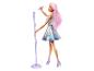 Poupée Barbie chanteuse avec cheveux roses, microphone et support.