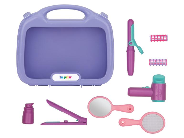 Ensemble de jouets Lupilu avec sèche-cheveux, fer à lisser, fer à friser et bigoudis en violet et rose