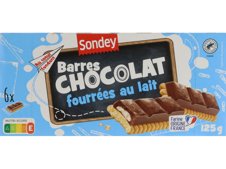 Barres de biscuits fourrées au chocolat au lait, 6 unités, 125g.
