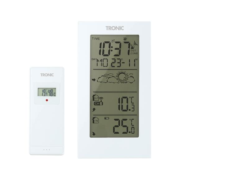 Station météo numérique avec capteur extérieur sans fil, affichant l'heure, la date et les températures.